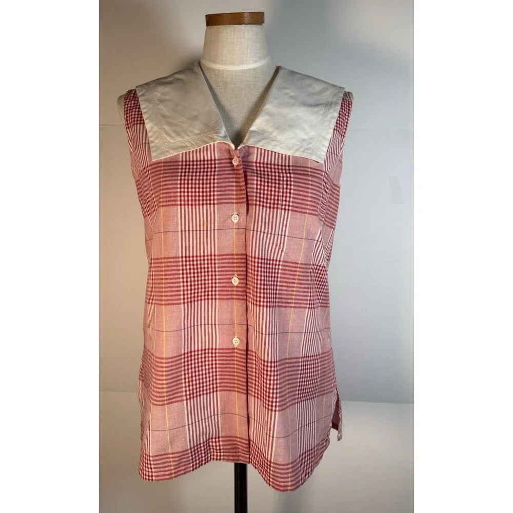 Vintage Cottagecore Sailor Collar Blouse Red Plaid 10 C-39